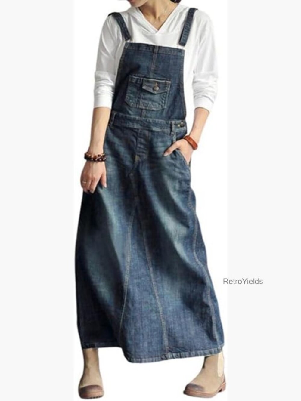 Vintage Adjustable Strap Denim Overall Dress Distressed A-Line Pinafore Bib